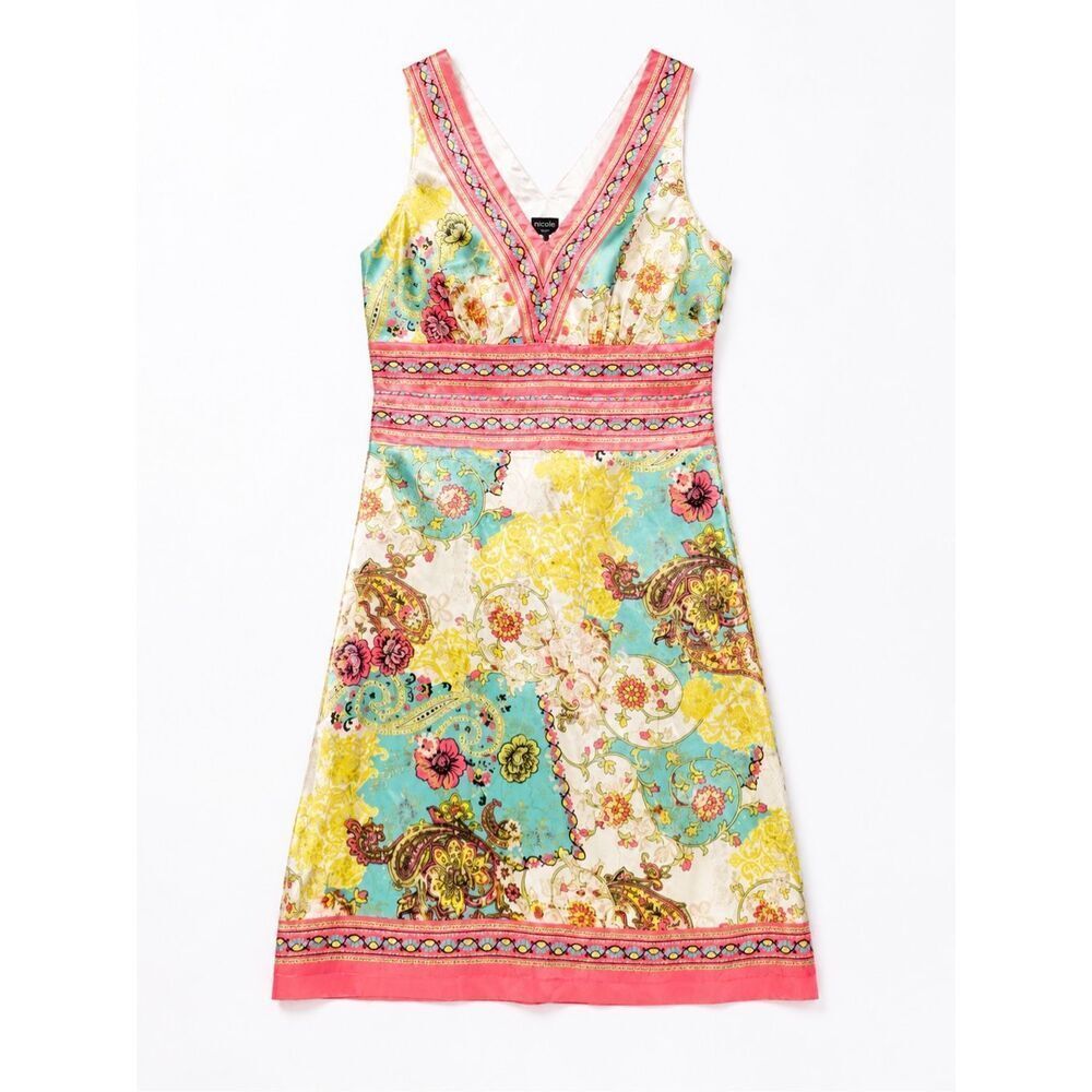 Nicole Miller Silk Blend Paisley Floral Sleeveless Dress Size 4 Boho Y2K